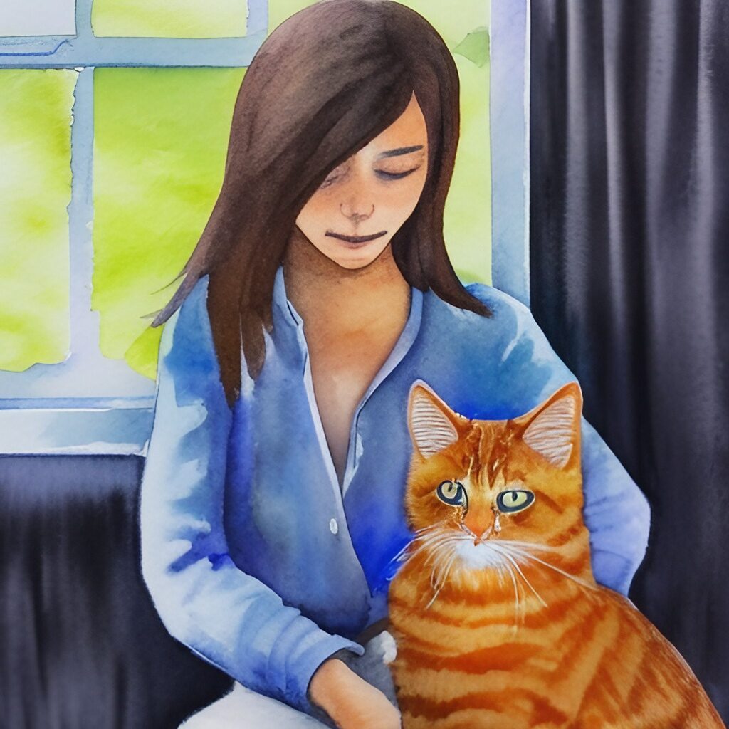 Watercolor painting of an introvert with her cat.