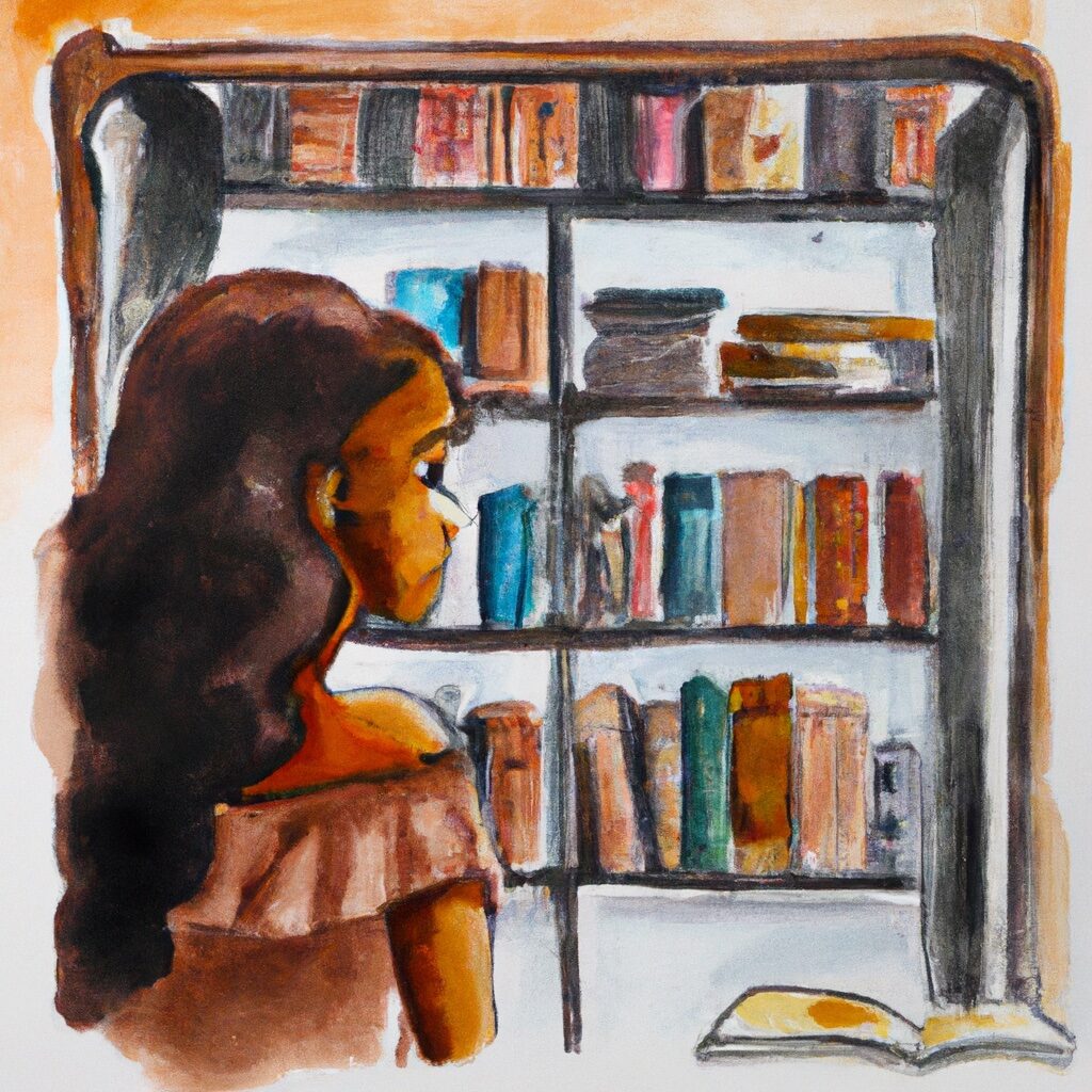 An introverted woman looks at the books on her bookshelf.