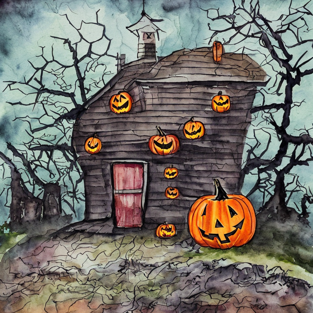 Haunted house with jackolanterns in the words.